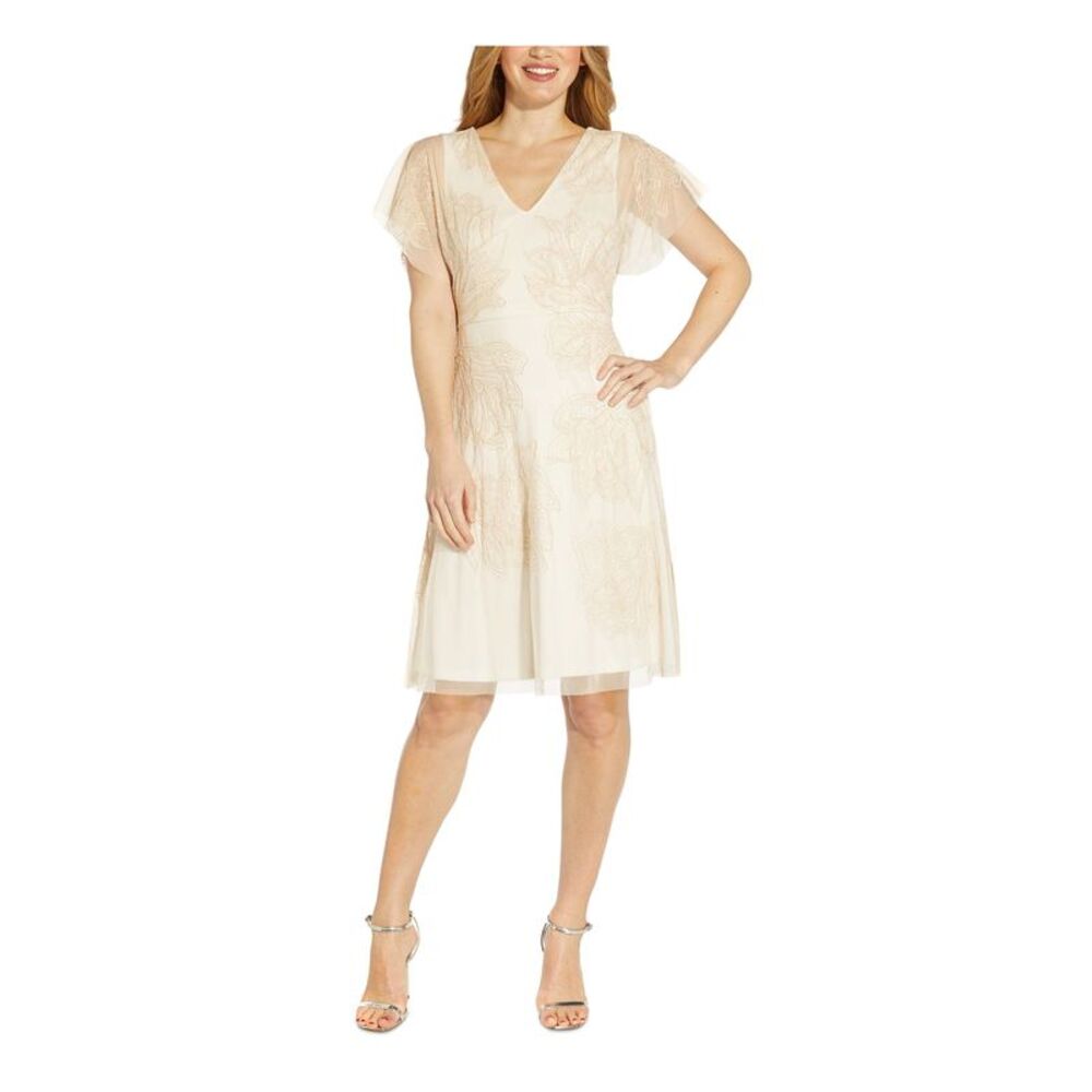 ADRIANNA PAPELL Womens Beige Lined V Back Flutter Sleeve Fit + Flare Dress 2 - Picture 1 of 3